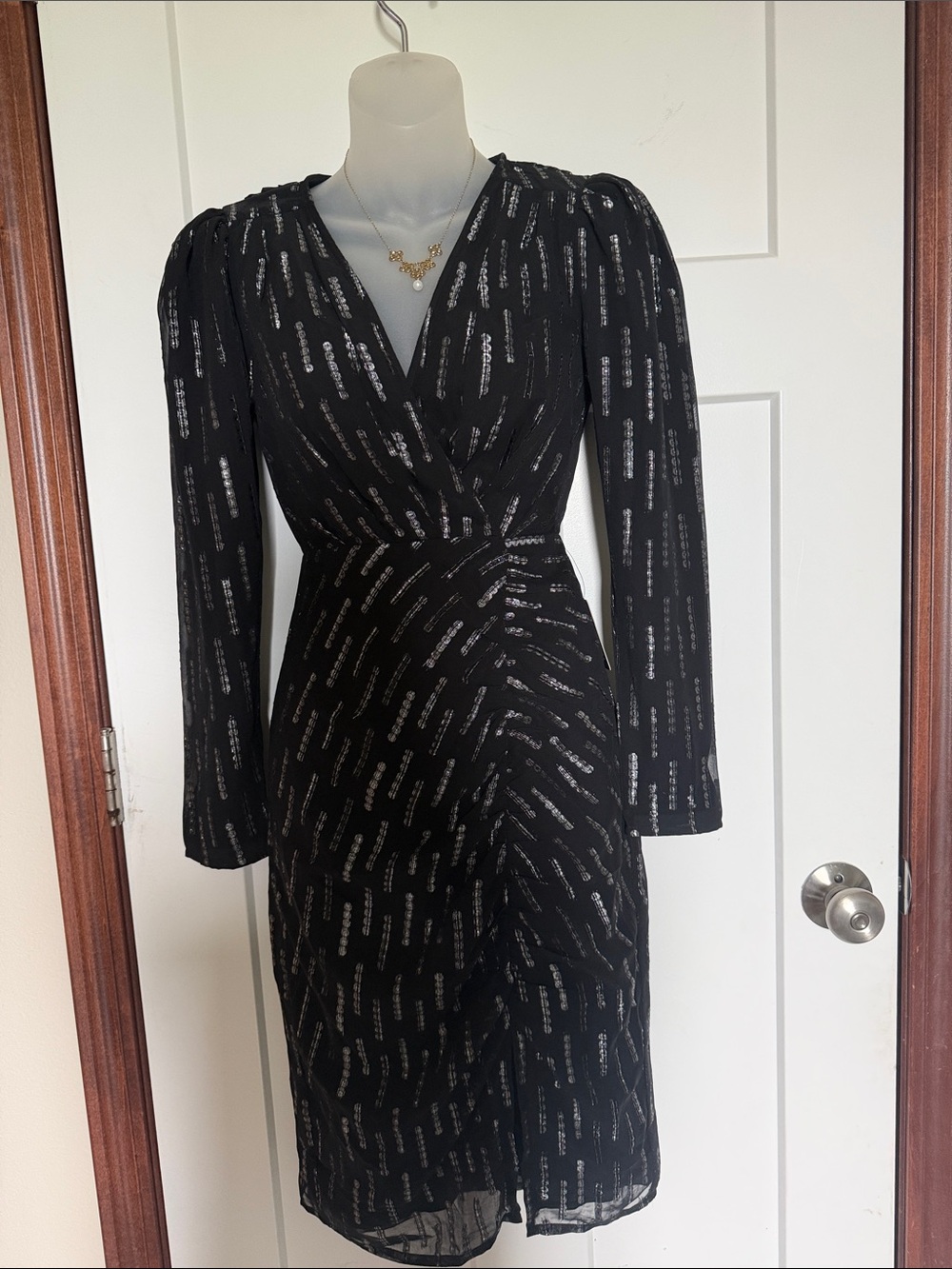 Express Black Long-Sleeve Sequin-Pattern Wrap Dress